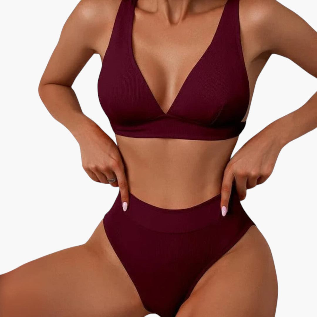 Rina Women's High Waisted Bikini Set | Ribbed V-Neck Top with Wide Straps 5