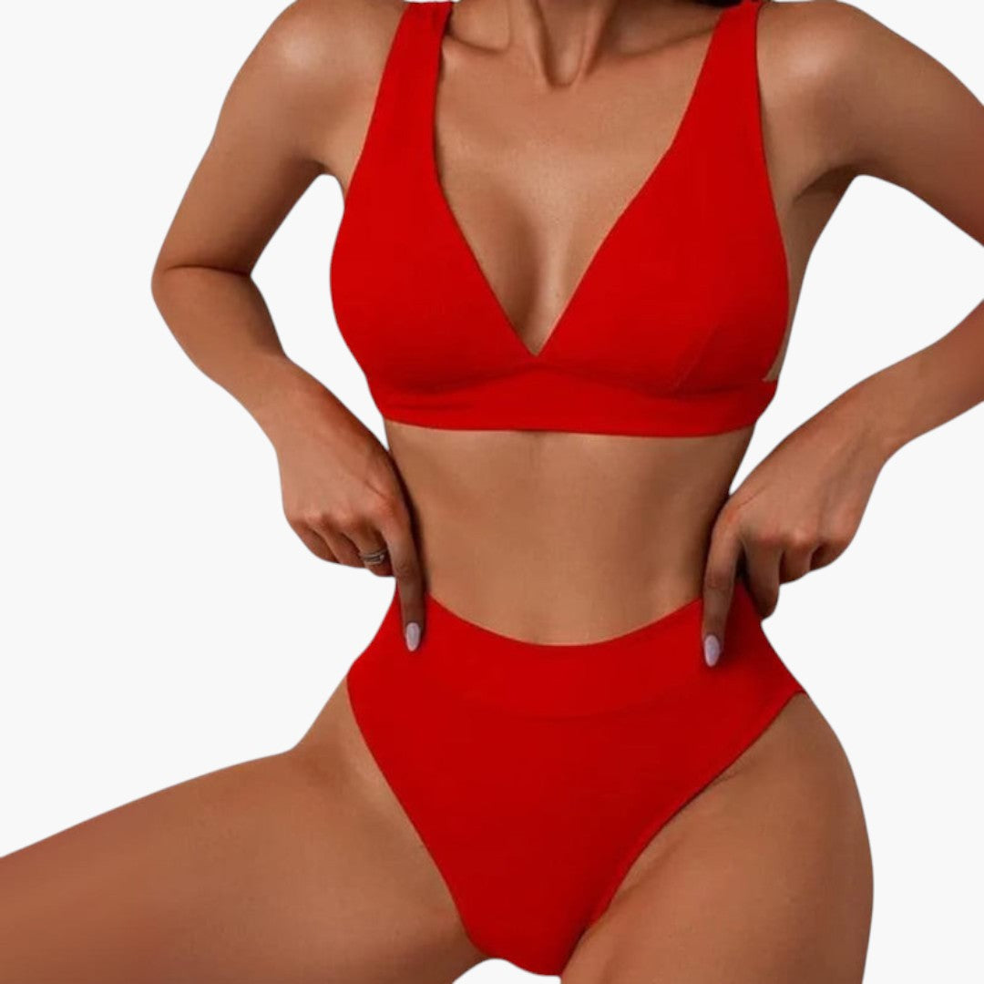Rina Women's High Waisted Bikini Set | Ribbed V-Neck Top with Wide Straps 6