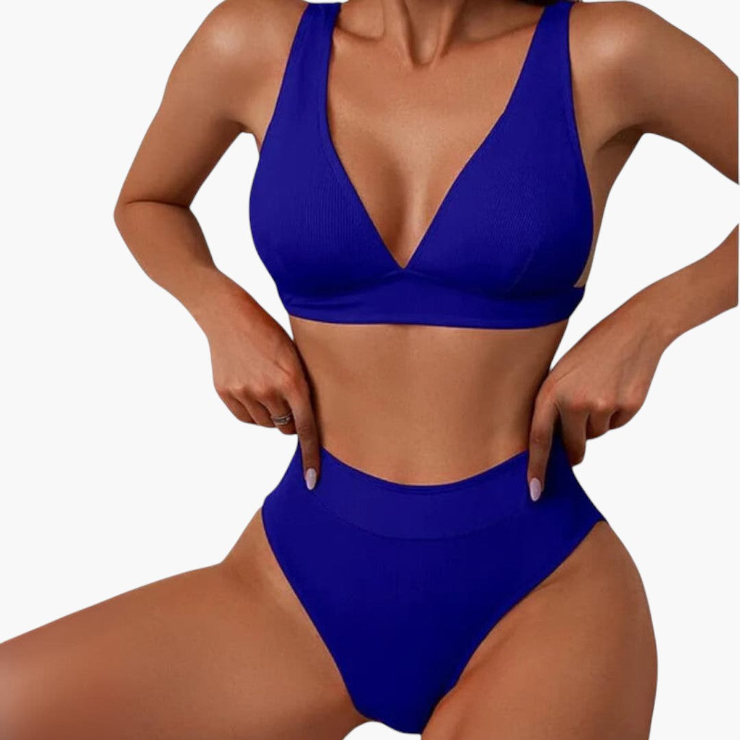 Rina Women's High Waisted Bikini Set | Ribbed V-Neck Top with Wide Straps 7