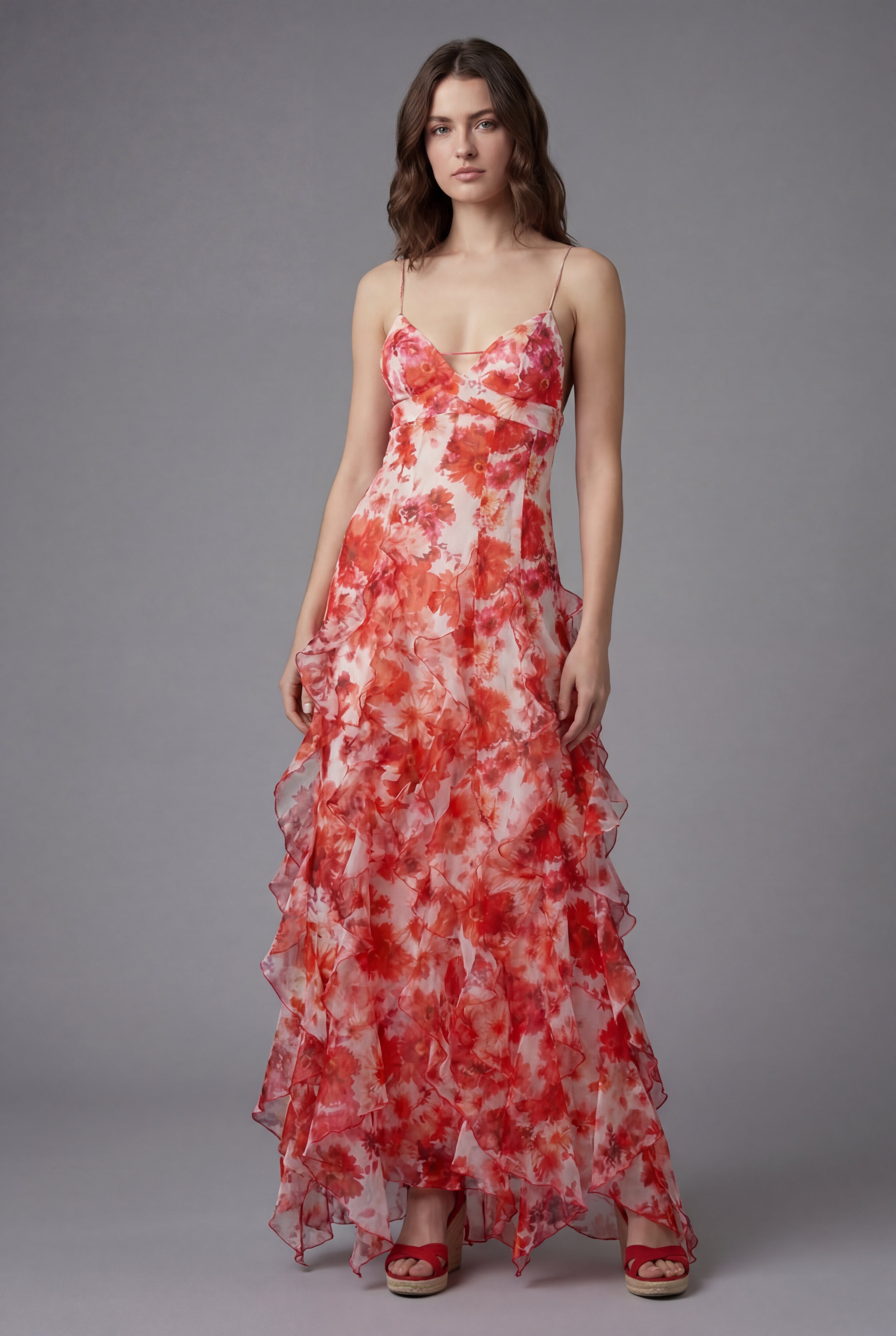 Rina Women's Maxi Dress | Floral Print with Ruffles, Sleeveless Summer Style 0
