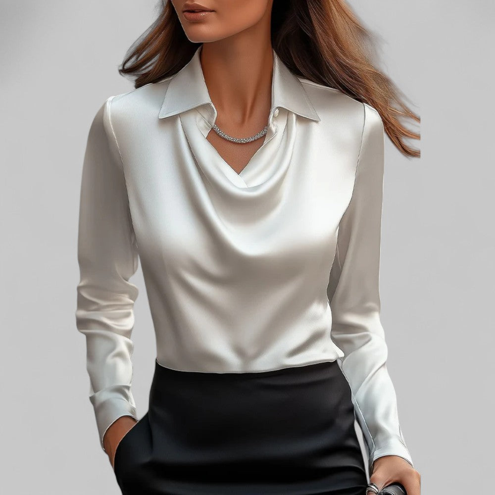 Rosa Women's Long Sleeve Blouse | Silk Satin, Draped Neck 0