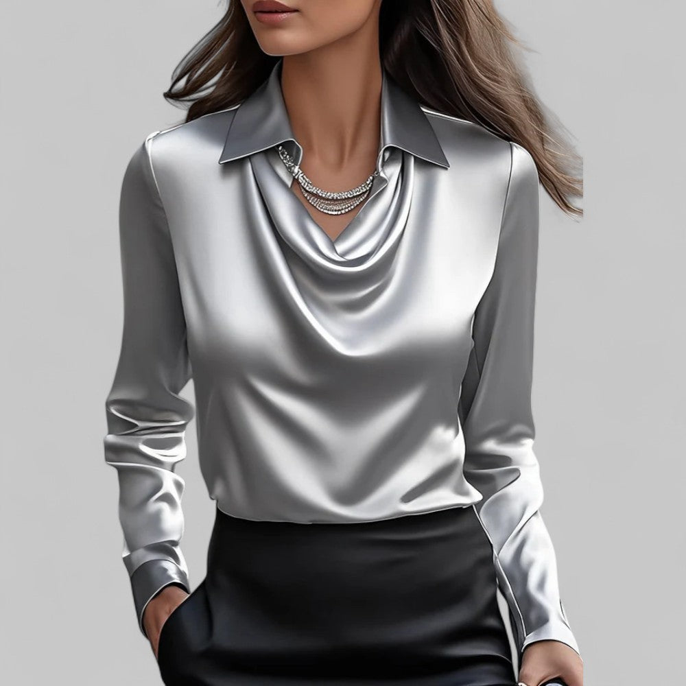Rosa Women's Long Sleeve Blouse | Silk Satin, Draped Neck 1