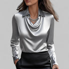 Rosa Women's Long Sleeve Blouse | Silk Satin, Draped Neck 1