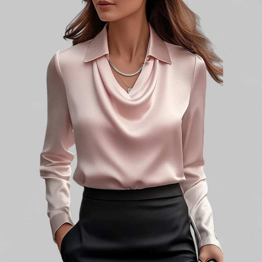 Rosa Women's Long Sleeve Blouse | Silk Satin, Draped Neck 2
