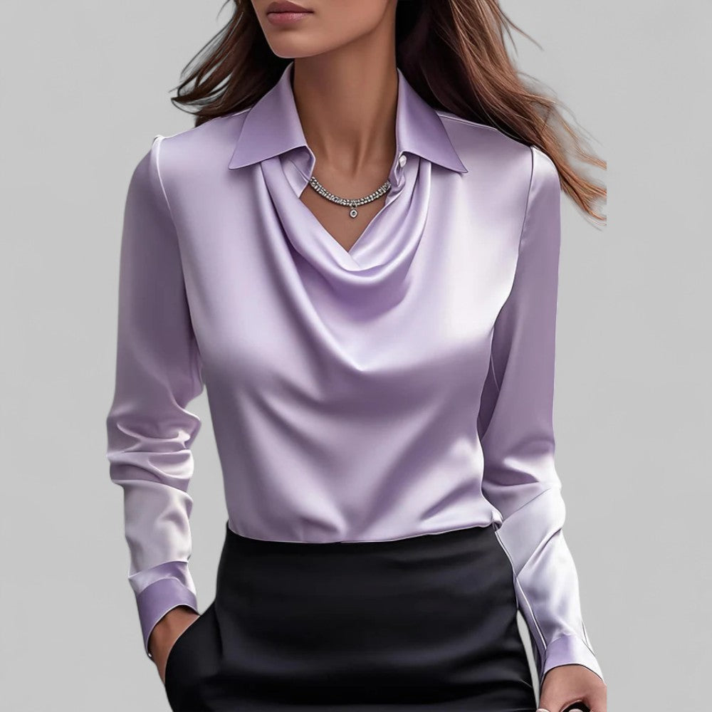 Rosa Women's Long Sleeve Blouse | Silk Satin, Draped Neck 3