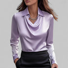 Rosa Women's Long Sleeve Blouse | Silk Satin, Draped Neck 3