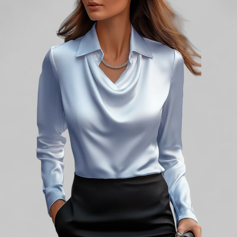 Rosa Women's Long Sleeve Blouse | Silk Satin, Draped Neck 5