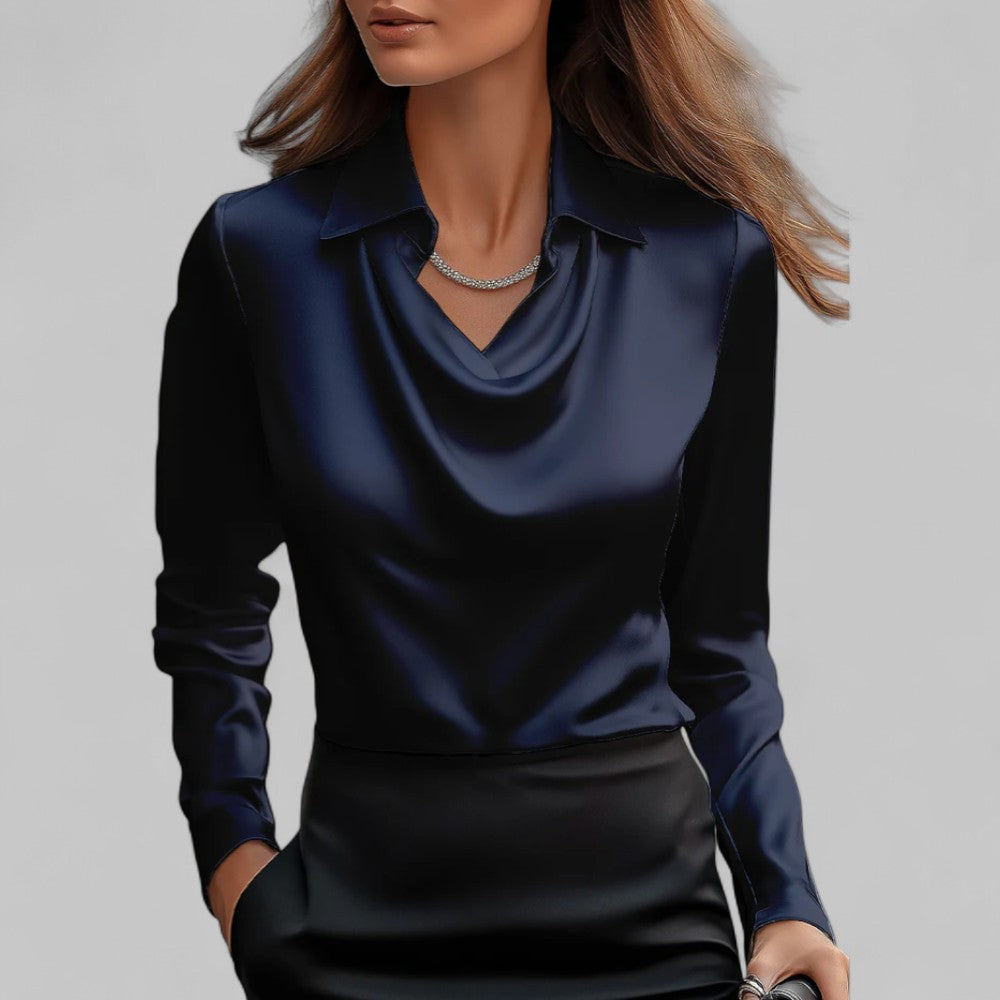 Rosa Women's Long Sleeve Blouse | Silk Satin, Draped Neck 7