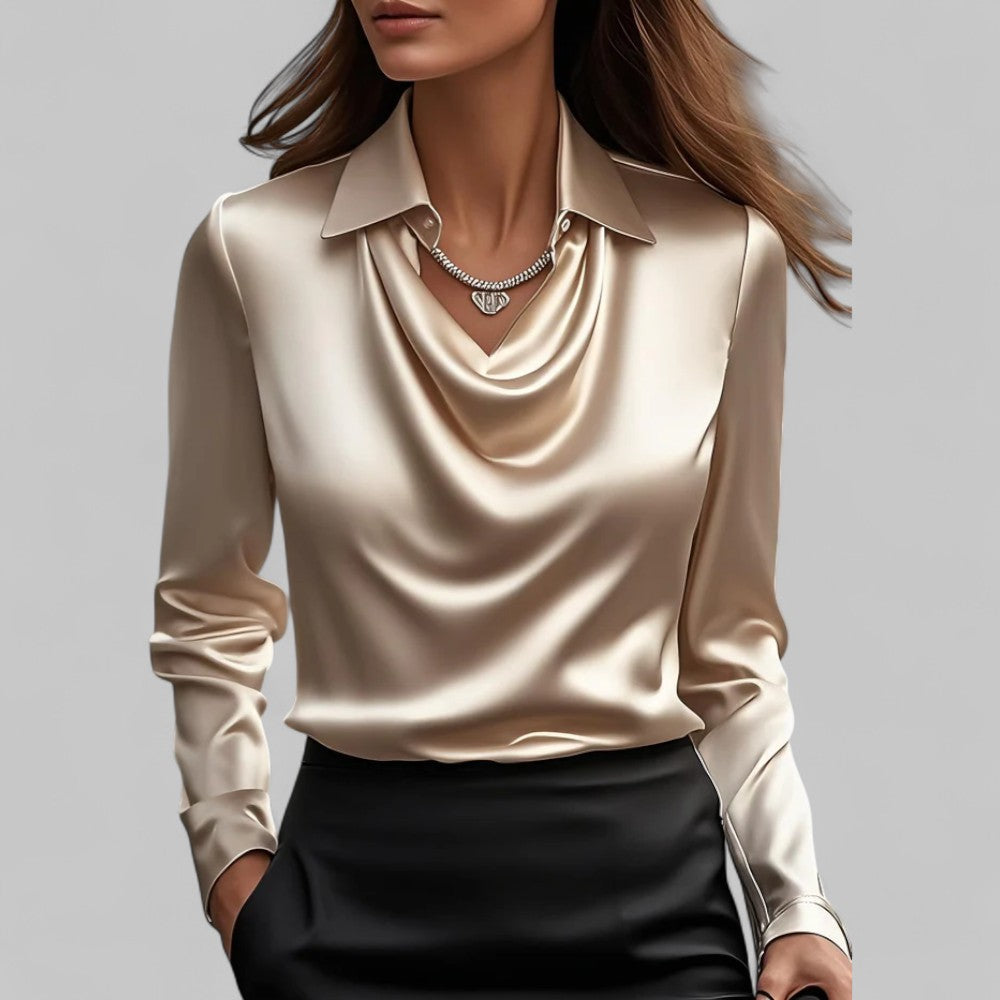 Rosa Women's Long Sleeve Blouse | Silk Satin, Draped Neck 9
