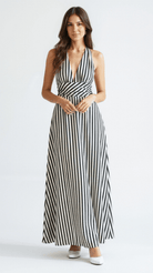 Sandy Women's Maxi Dress | Striped V-Neck, Breezy Summer Elegance 0