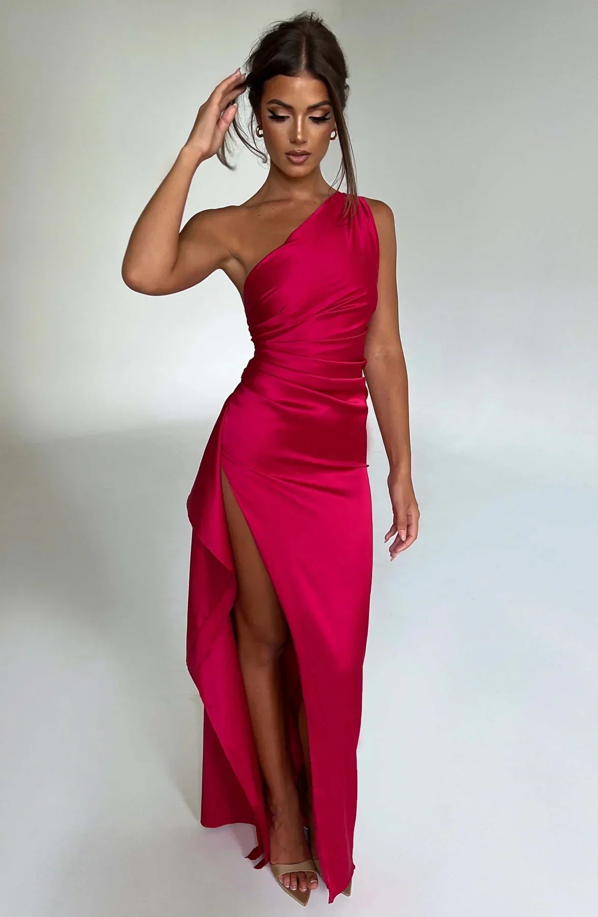 Satin Evening Gown for Women | One-Shoulder Design with Thigh-High Slit 2
