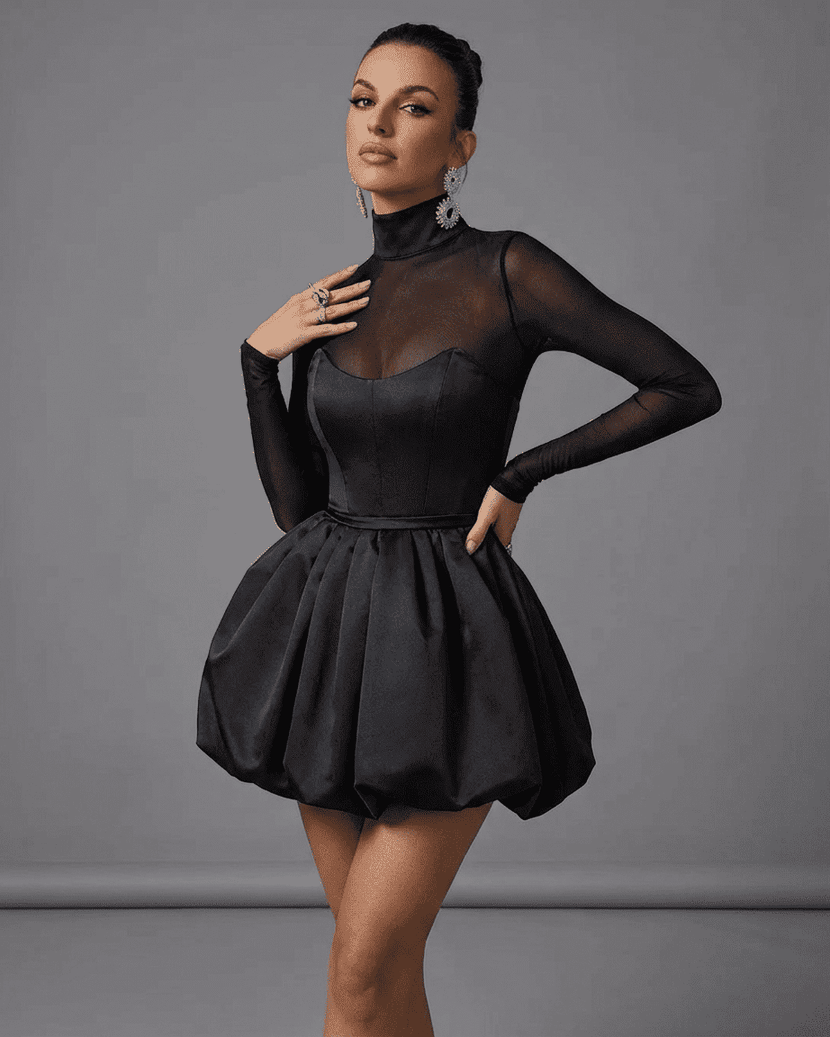 Sera Women's Black Mini Dress | Sheer Mesh Bubble Hem, Elegant Bodycon 0