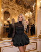 Sera Women's Black Mini Dress | Sheer Mesh Bubble Hem, Elegant Bodycon 1