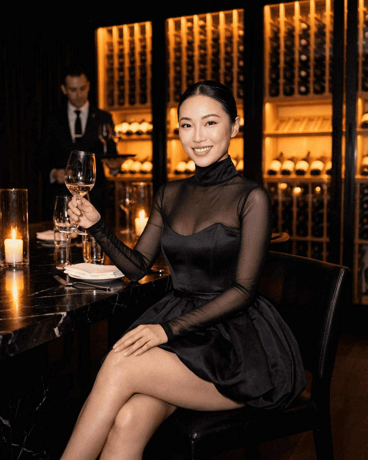 Sera Women's Black Mini Dress | Sheer Mesh Bubble Hem, Elegant Bodycon 3