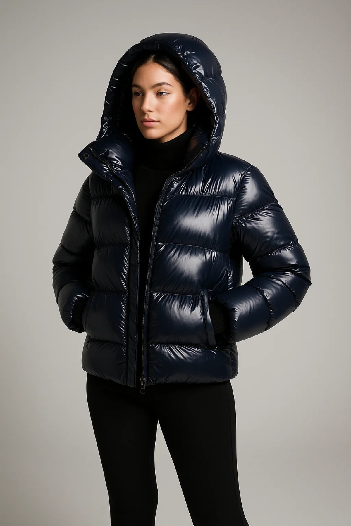 Shira Women's Black Puffer Jacket | Glossy Finish, Cropped Urban Style 2