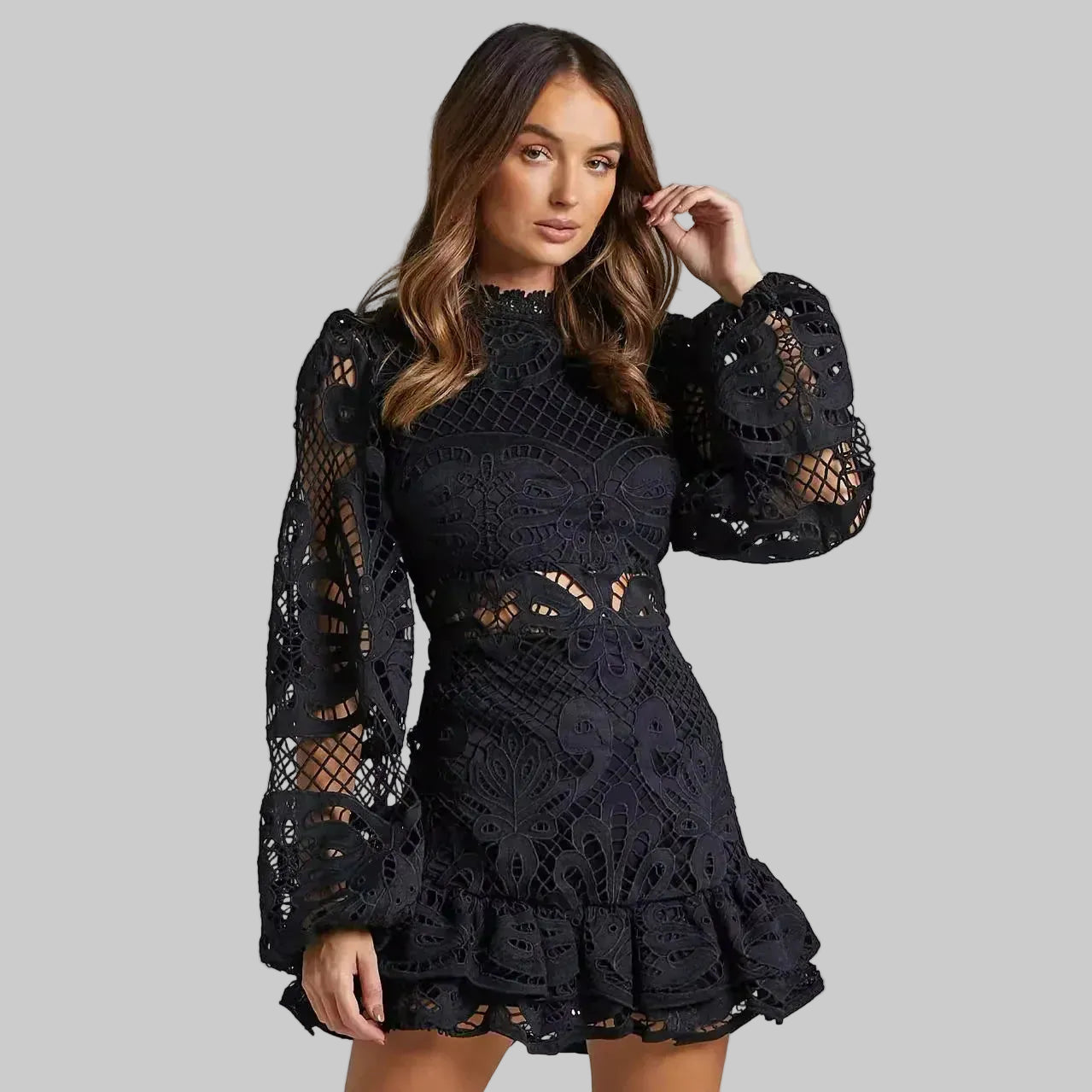 Solemn Women's Black Mini Dress | Premium Lace, Flared Sleeves 4