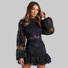 Solemn Women's Black Mini Dress | Premium Lace, Flared Sleeves 4