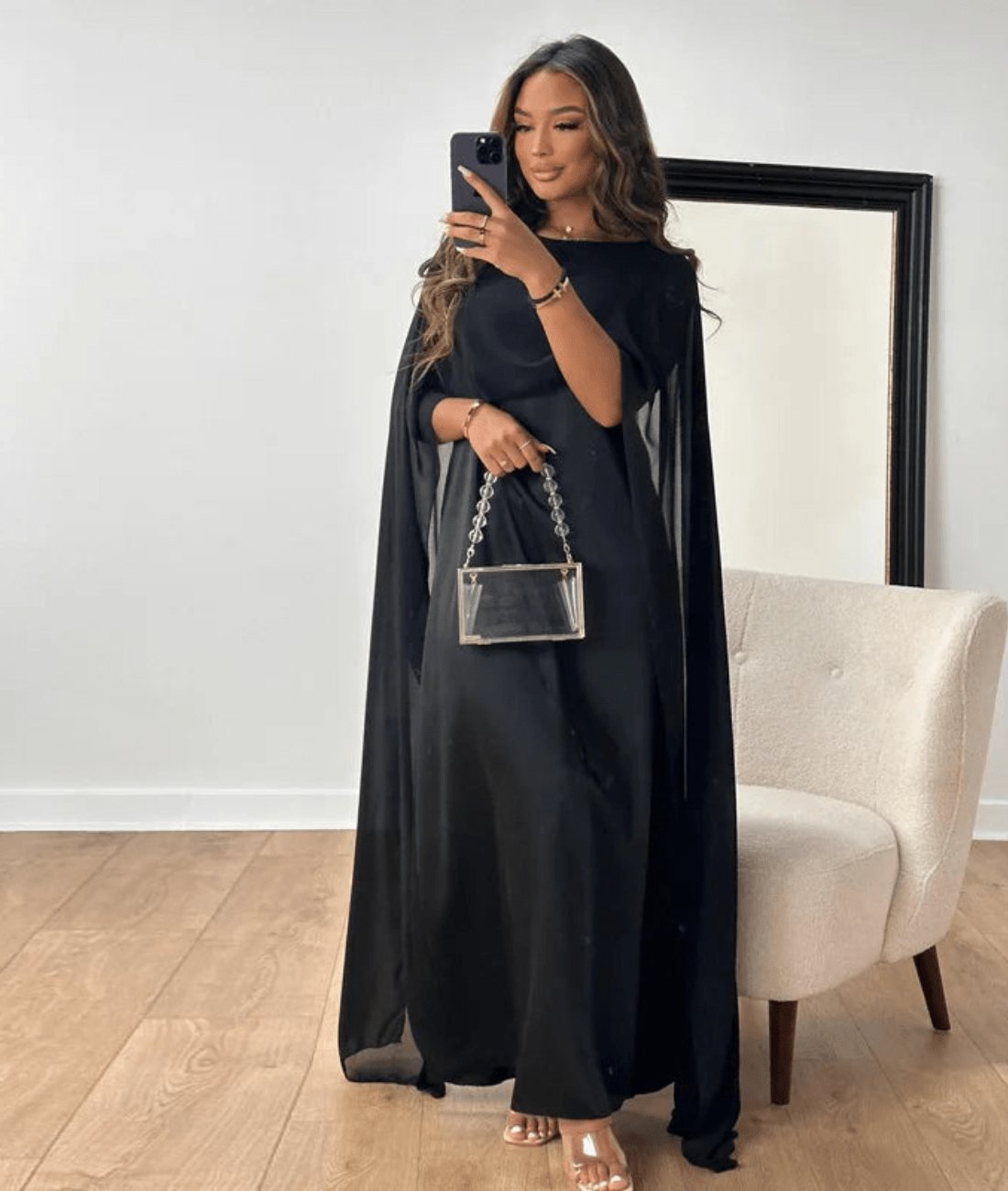 Tayma Women's Maxi Dress | Satin Blend, Elegant Cape Sleeves 2