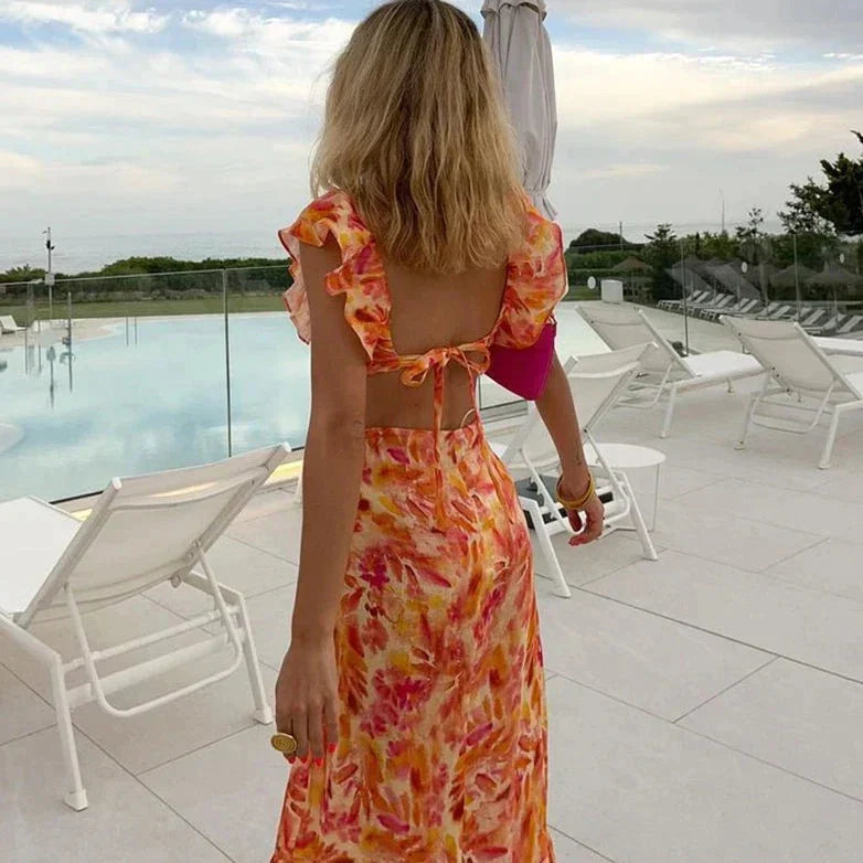 Tropical Sunset Women's Maxi Dress | Floral Ruffles, Lightweight Summer Style 1