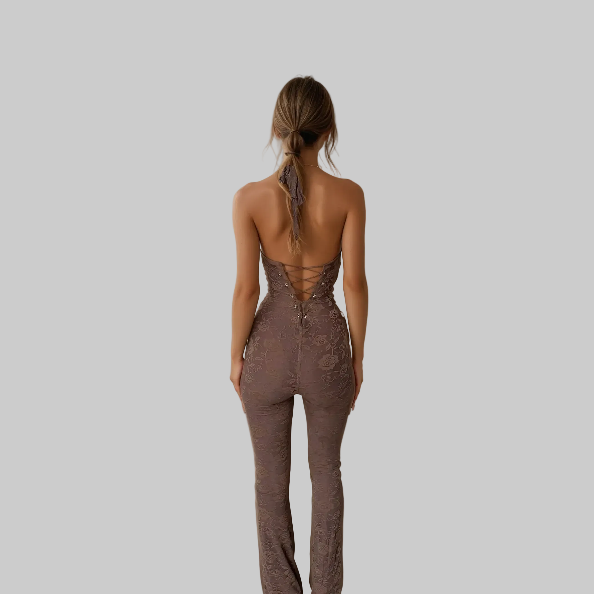 Vera Women's Black Jumpsuit | Lace Overlay, Halterneck Design 1