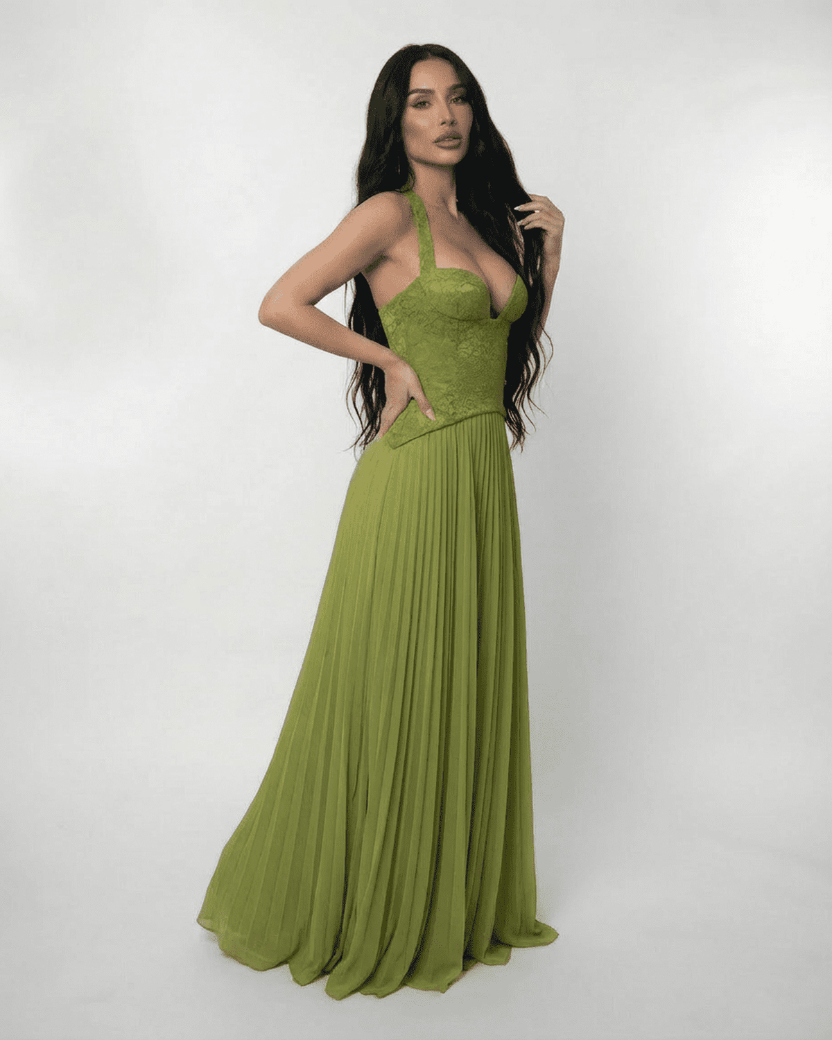 Vera Women's Maxi Dress | Lace Bodice, Olive Green, Formal 0