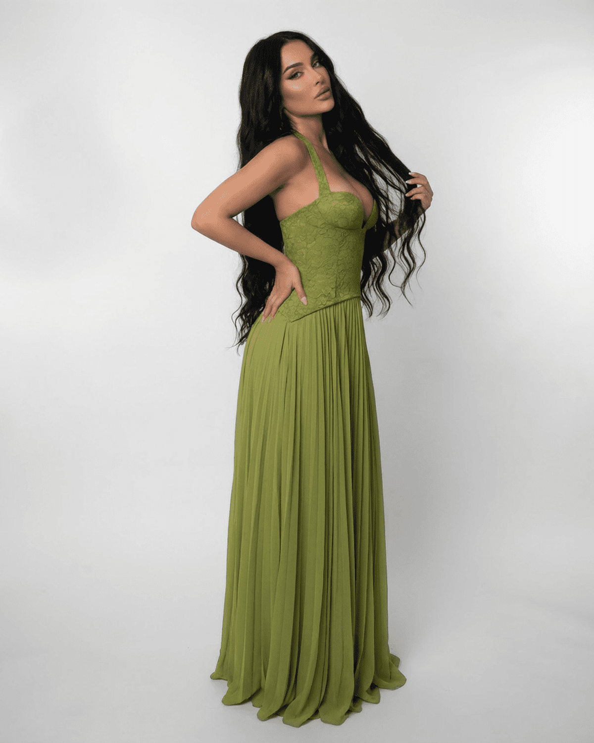 Vera Women's Maxi Dress | Lace Bodice, Olive Green, Formal 3