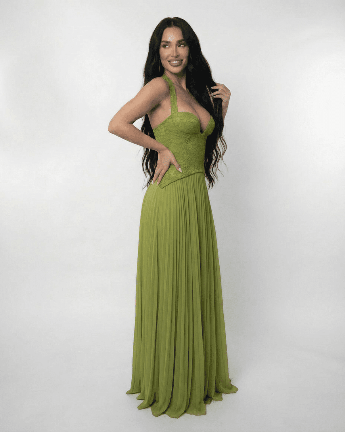 Vera Women's Maxi Dress | Lace Bodice, Olive Green, Formal 4