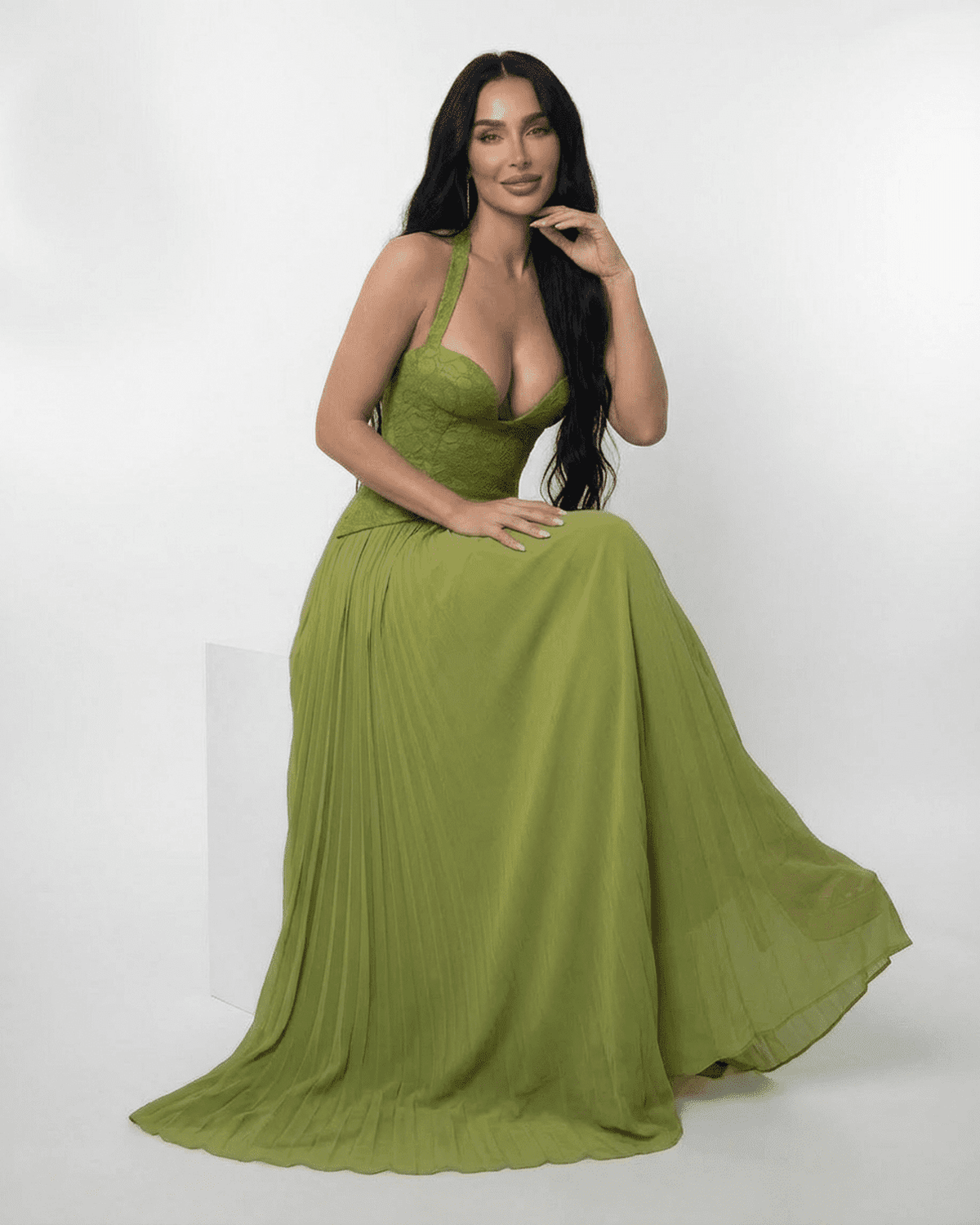 Vera Women's Maxi Dress | Lace Bodice, Olive Green, Formal 7