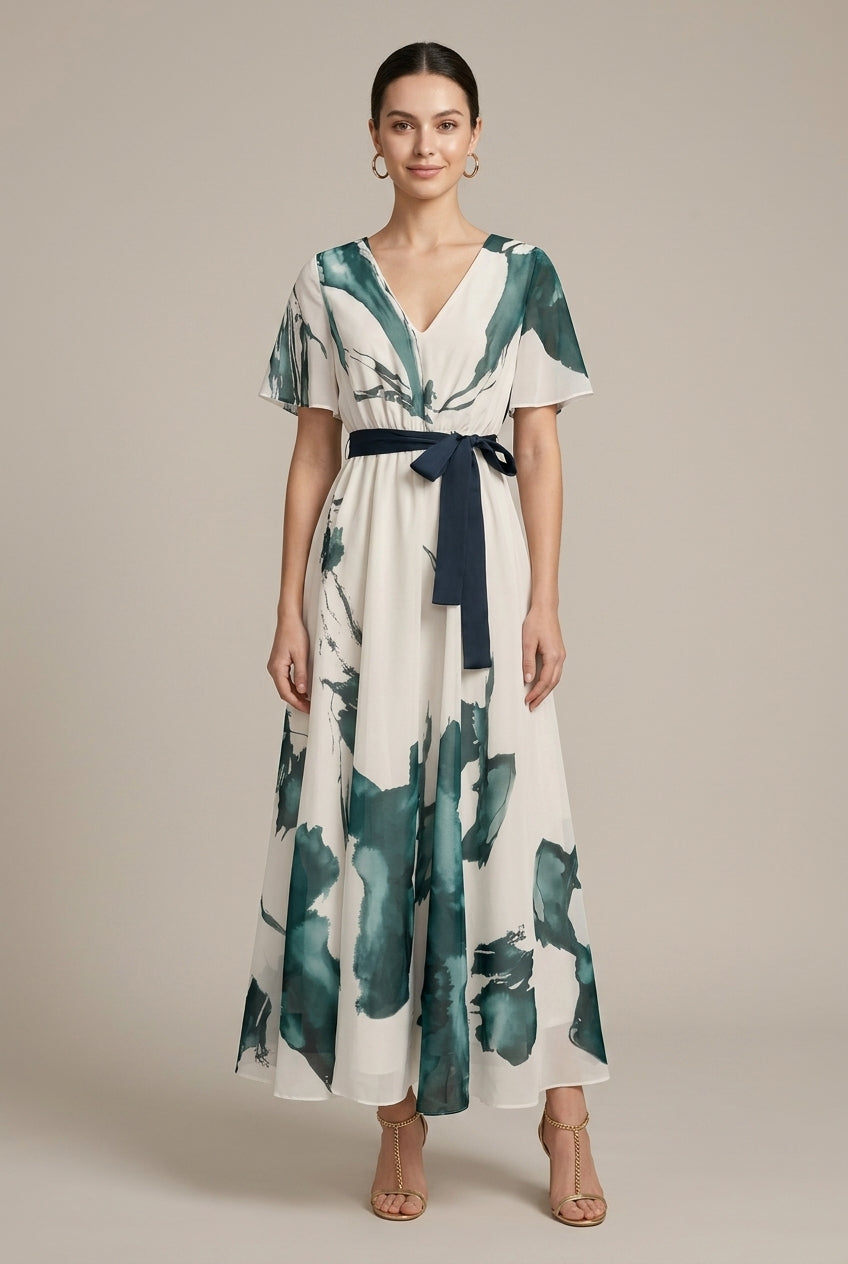 Women's Abstract Print Wrap Maxi Dress with Tie Waist