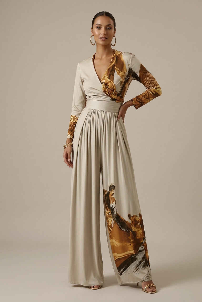 Women's Abstract Print V-Neck Wide Leg Jumpsuit – Long Sleeve