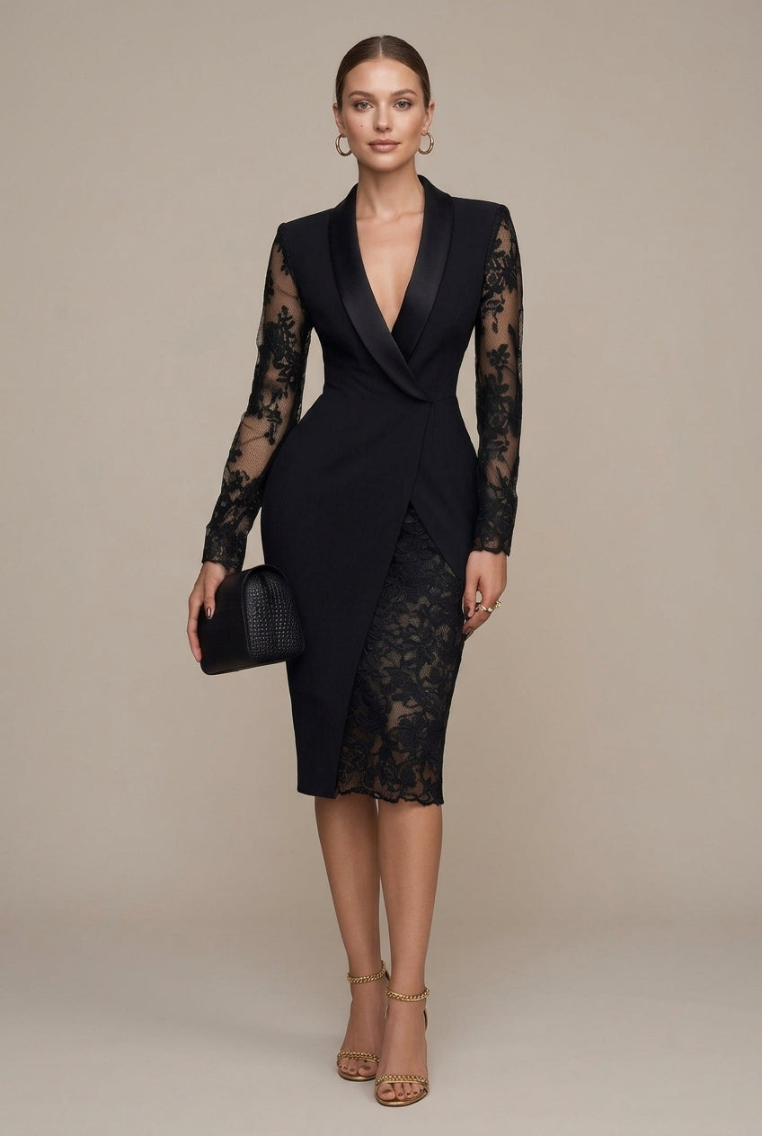 Women's Black Lace Midi Blazer Dress – Shawl Collar